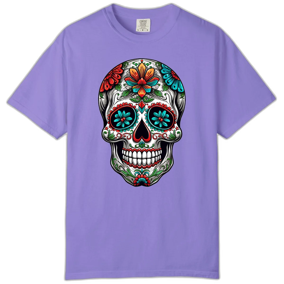 Vibrant Floral Calavera Day of the Dead Skull Comfort Color in Violet