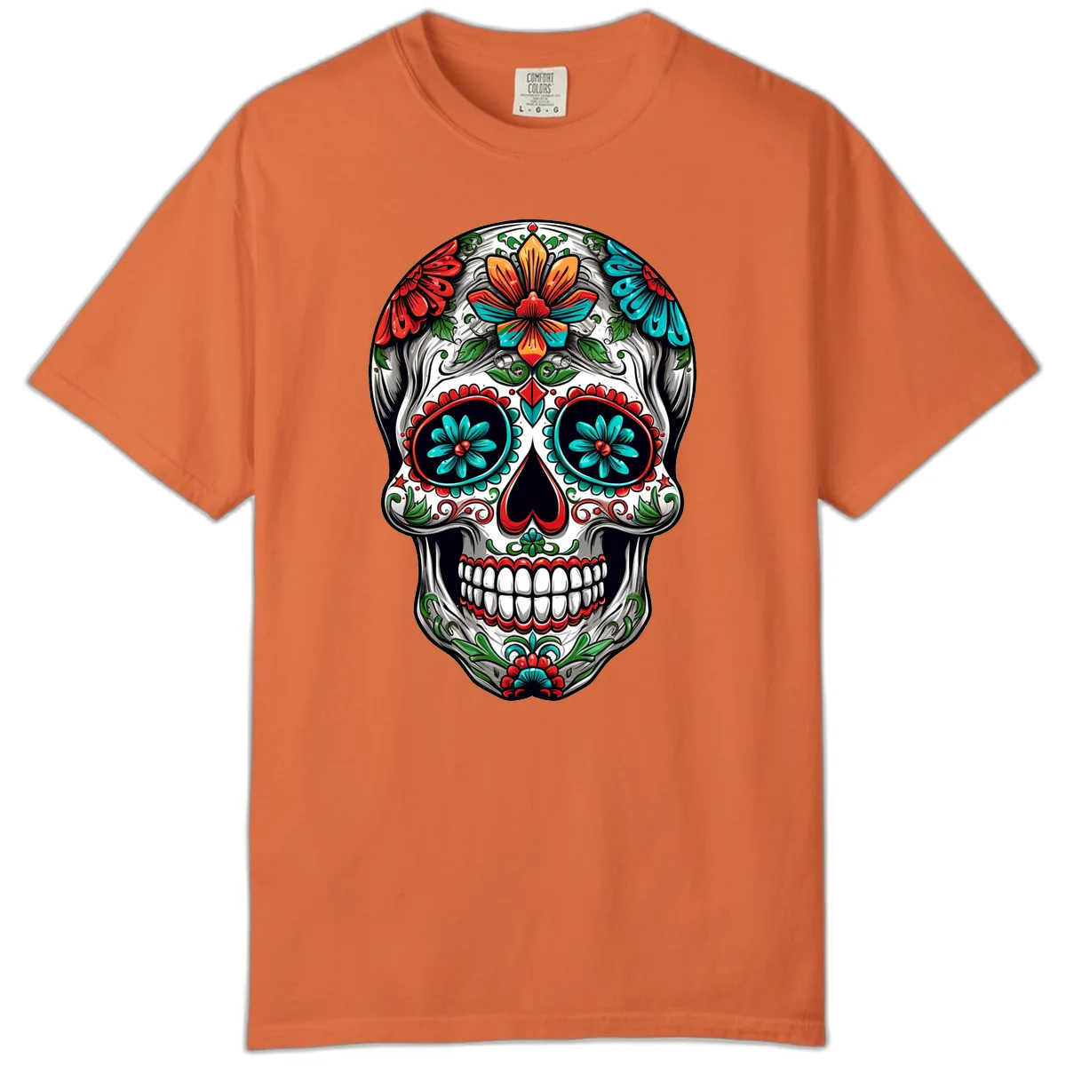 Vibrant Floral Calavera Day of the Dead Skull Comfort Color in Burnt Orange
