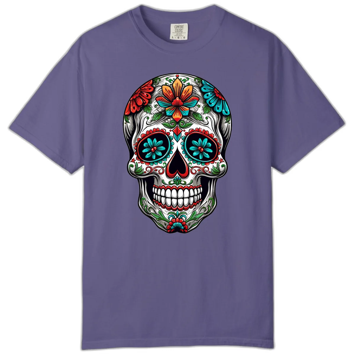 Vibrant Floral Calavera Day of the Dead Skull Comfort Color in Grape