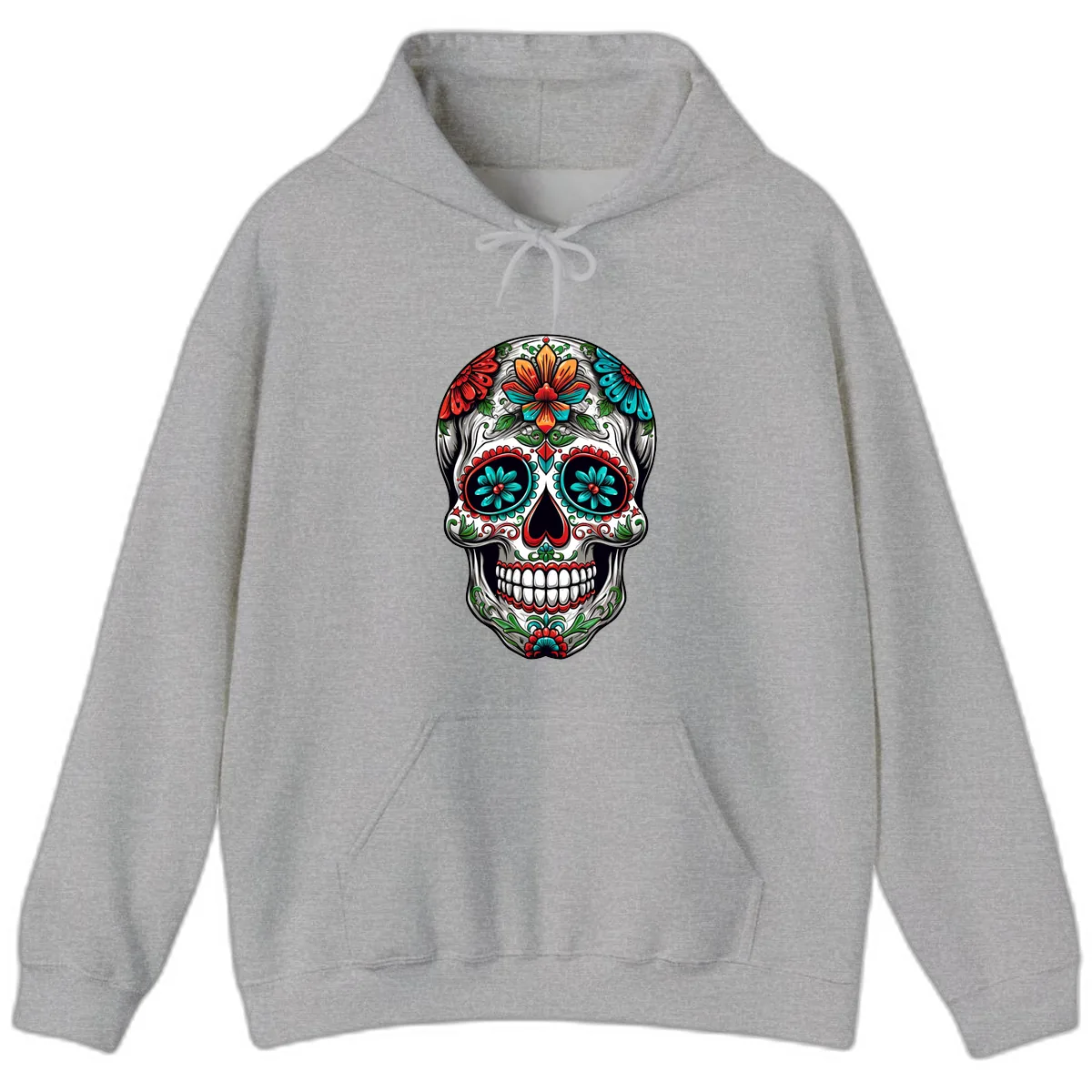 Vibrant Floral Calavera Day of the Dead Skull Hoodie in Sport Grey