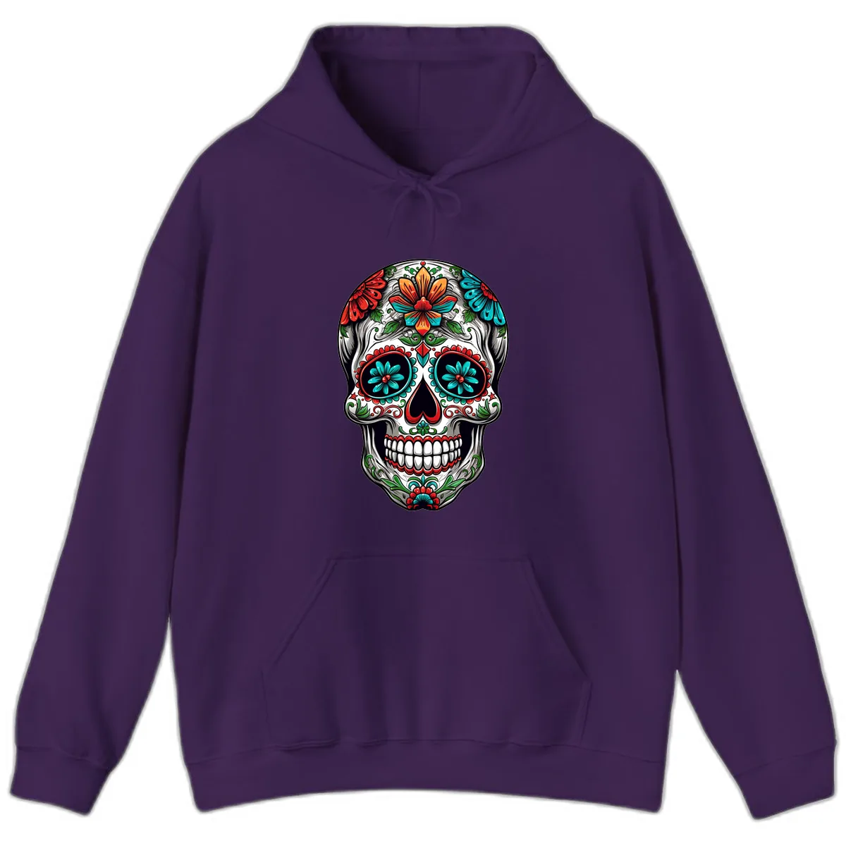Vibrant Floral Calavera Day of the Dead Skull Hoodie in Purple