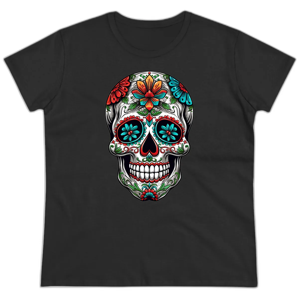 Vibrant Floral Calavera Day of the Dead Skull Ladies Tee in Black