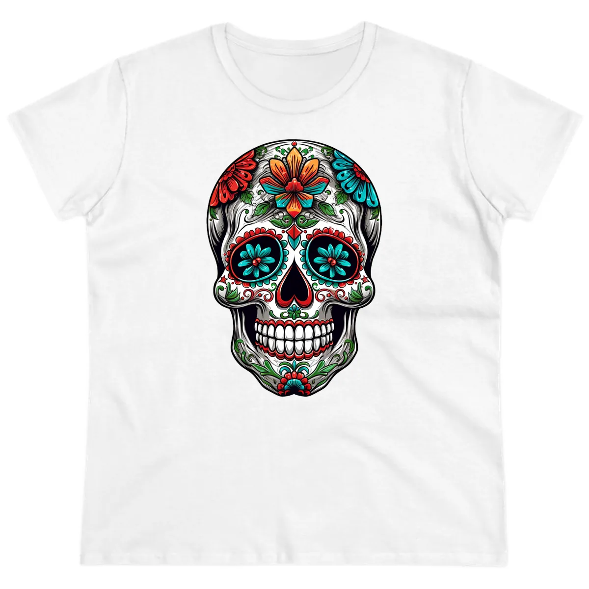 Vibrant Floral Calavera Day of the Dead Skull Ladies Tee in White