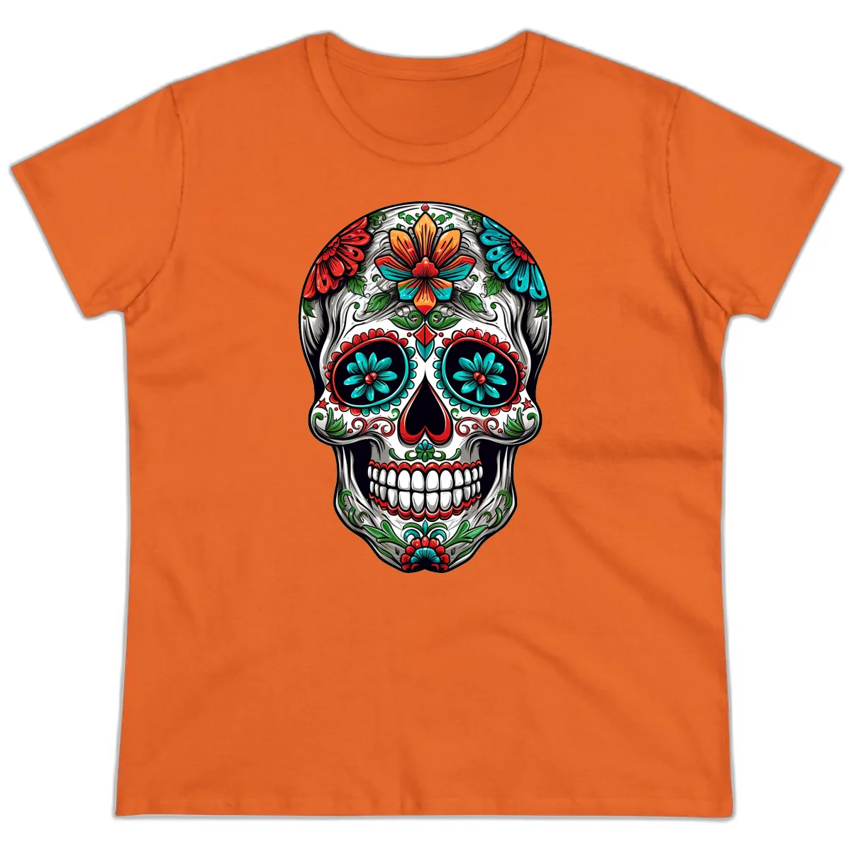 Vibrant Floral Calavera Day of the Dead Skull Ladies Tee in Orange