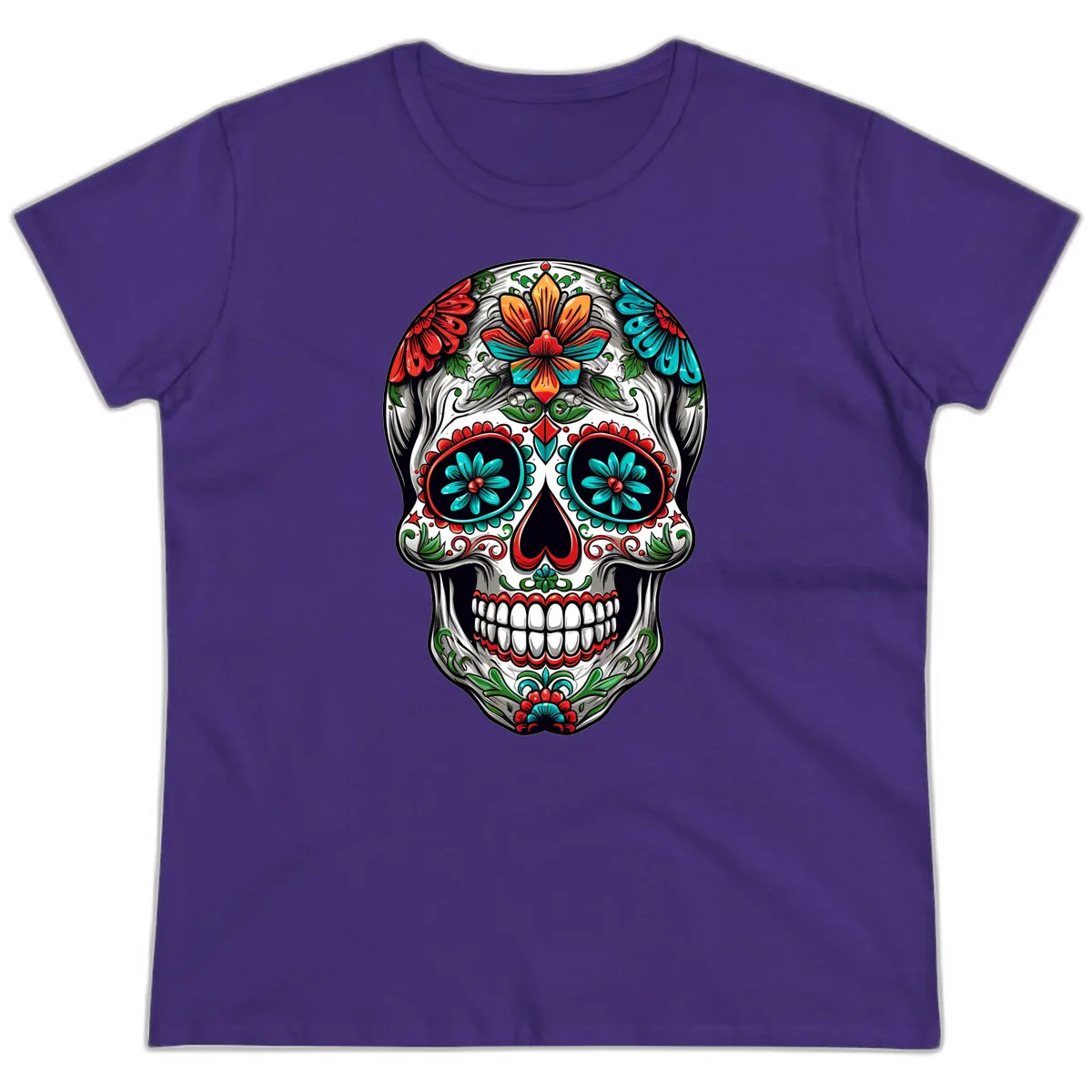 Vibrant Floral Calavera Day of the Dead Skull Ladies Tee in Purple