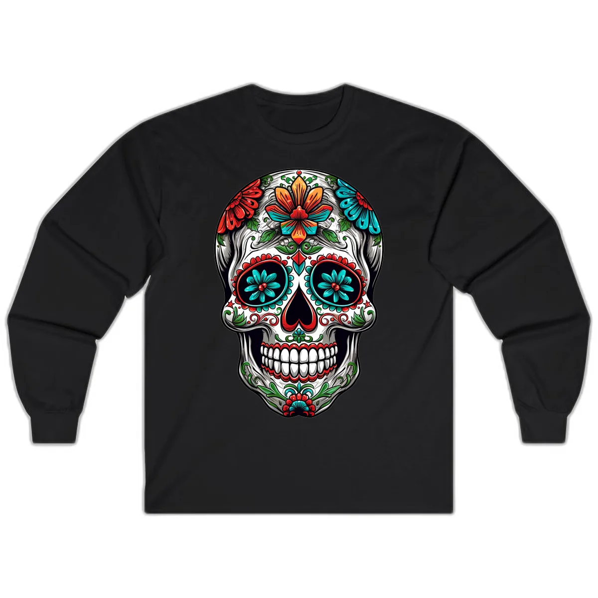 Vibrant Floral Calavera Day of the Dead Skull Long Sleeve in Black