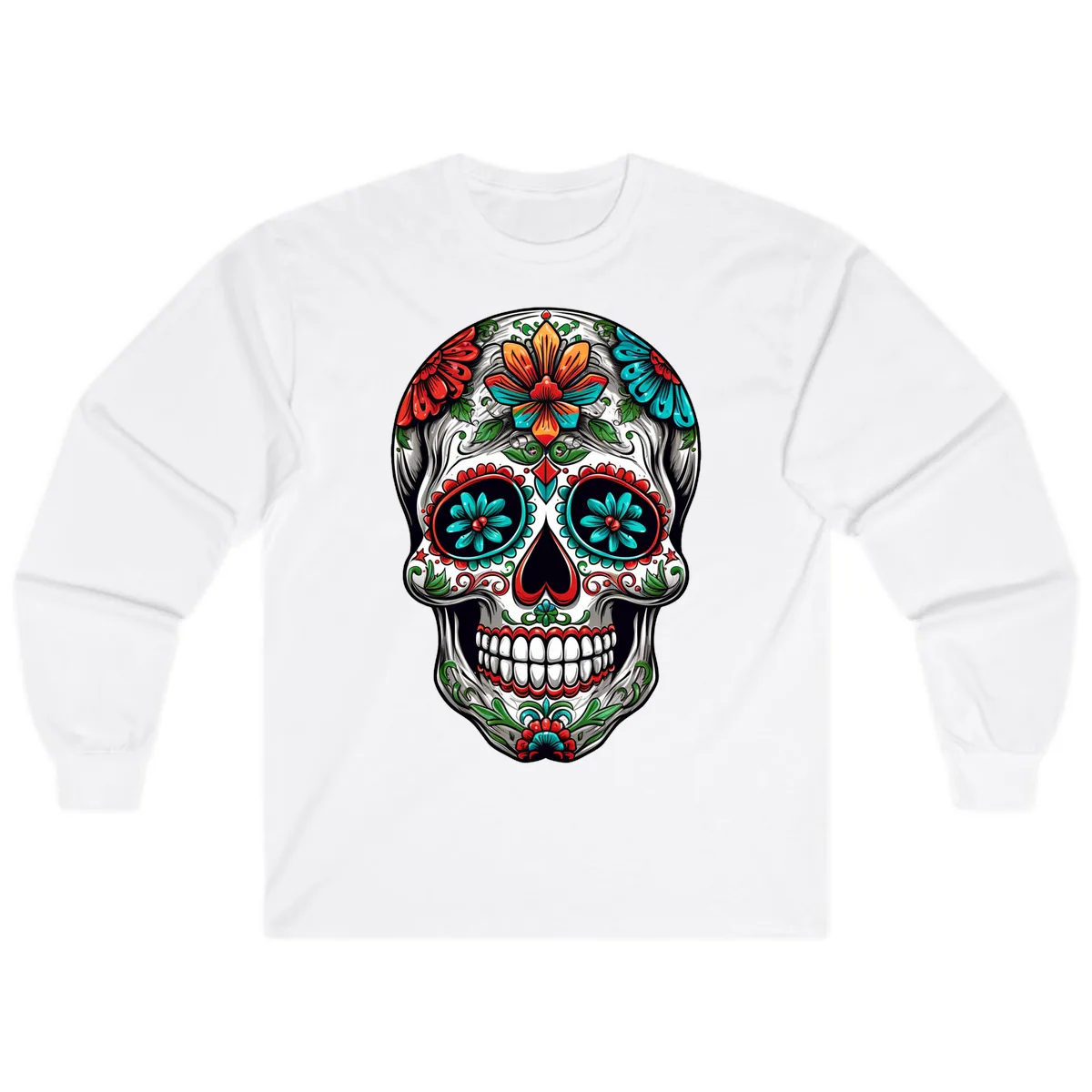 Vibrant Floral Calavera Day of the Dead Skull Long Sleeve in White