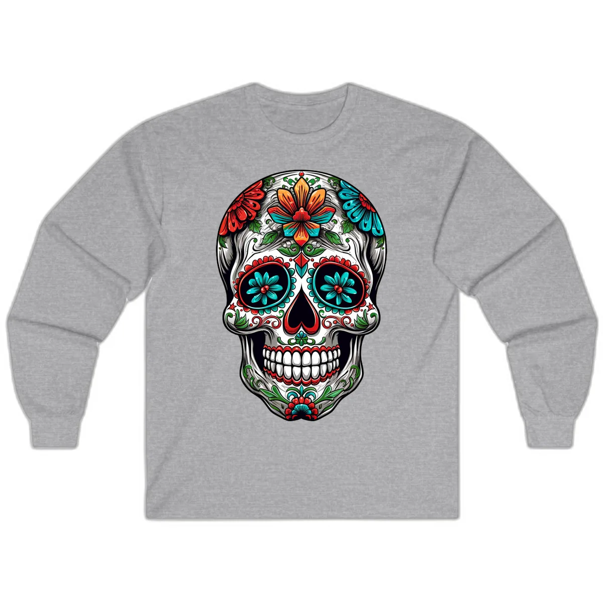 Vibrant Floral Calavera Day of the Dead Skull Long Sleeve in Sport Grey