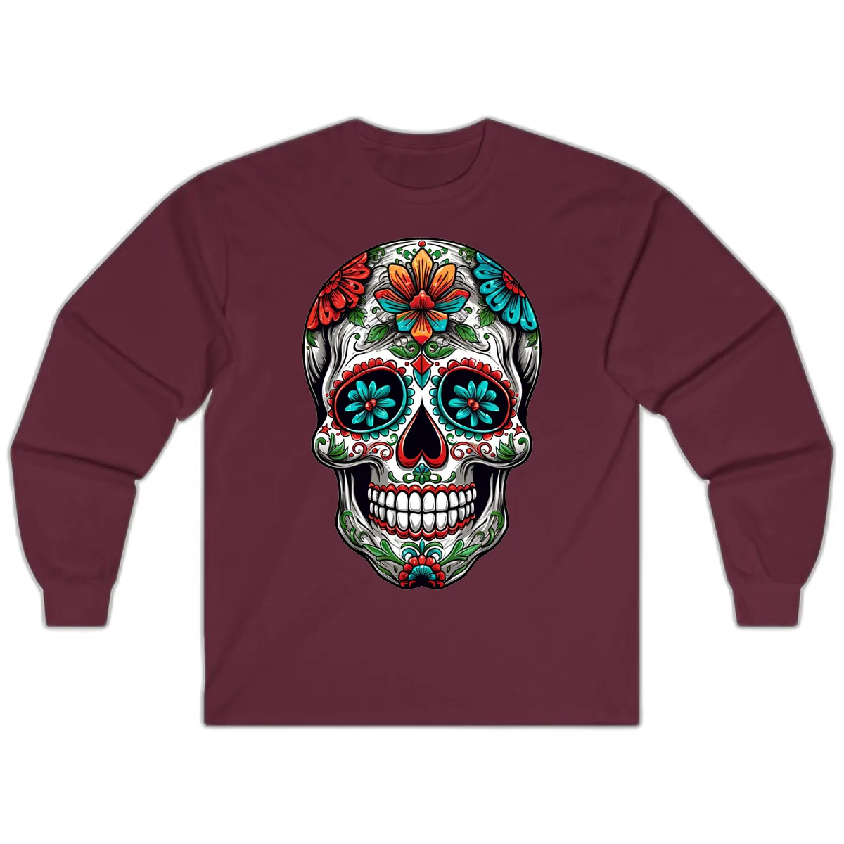 Vibrant Floral Calavera Day of the Dead Skull Long Sleeve in Maroon
