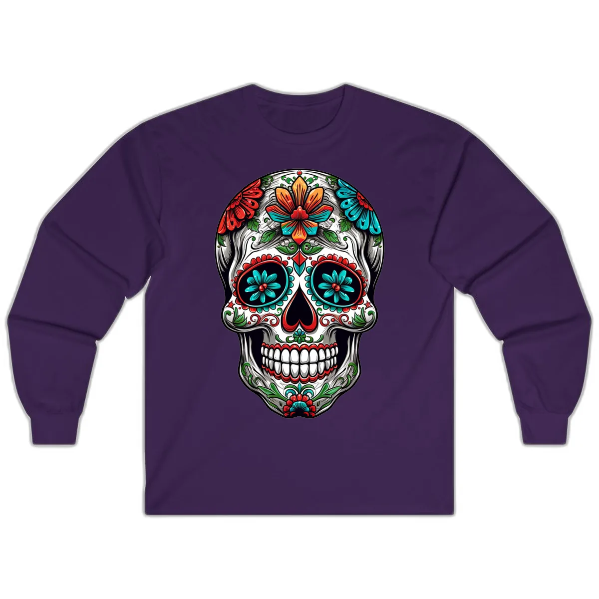 Vibrant Floral Calavera Day of the Dead Skull Long Sleeve in Purple