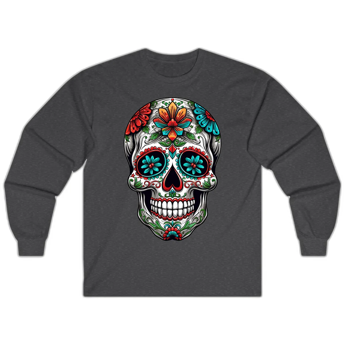 Vibrant Floral Calavera Day of the Dead Skull Long Sleeve in Dark Heather