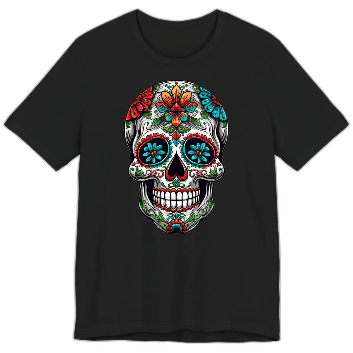 Vibrant Floral Calavera Day of the Dead Skull Premium T-Shirt in Black