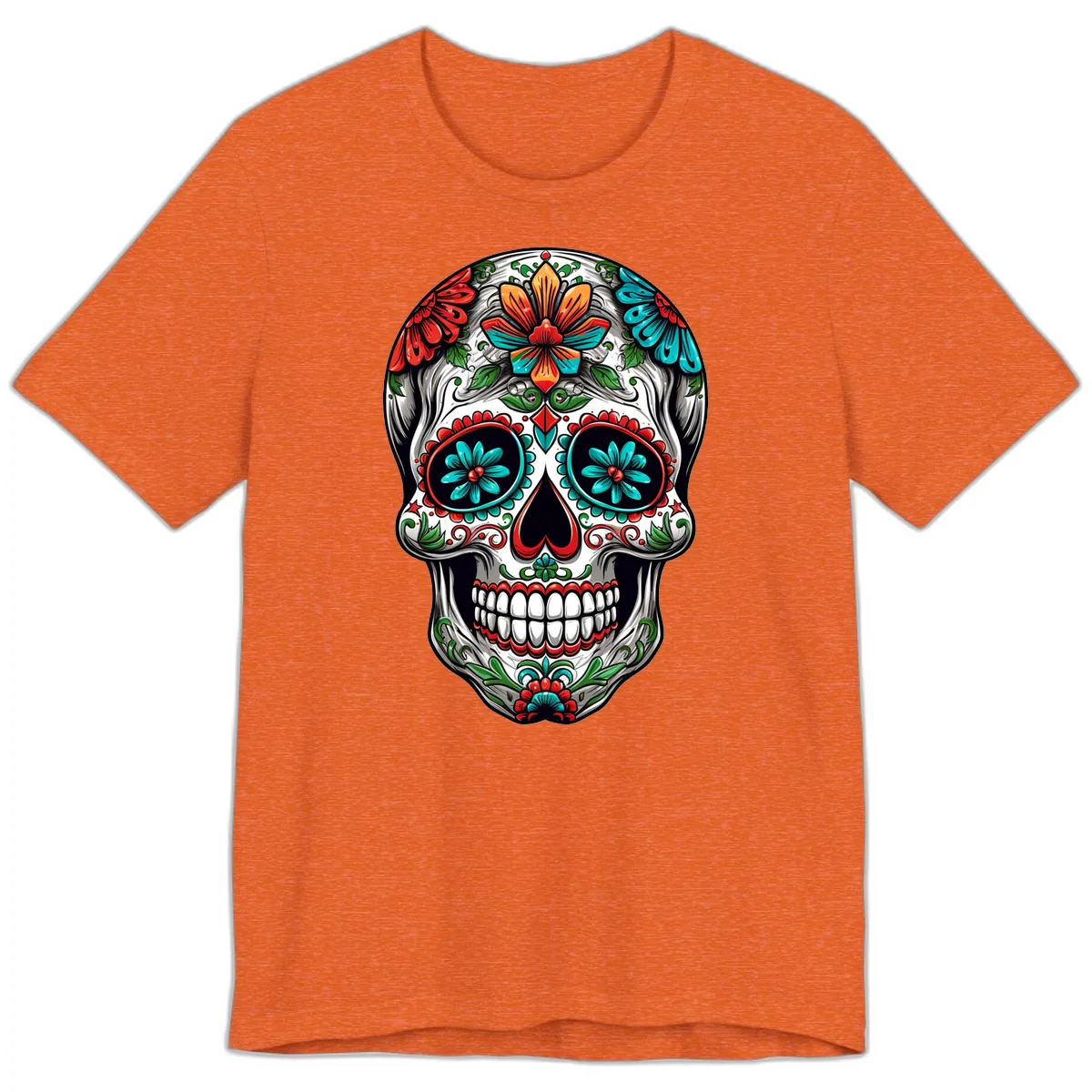 Vibrant Floral Calavera Day of the Dead Skull Premium T-Shirt in Heather Orange