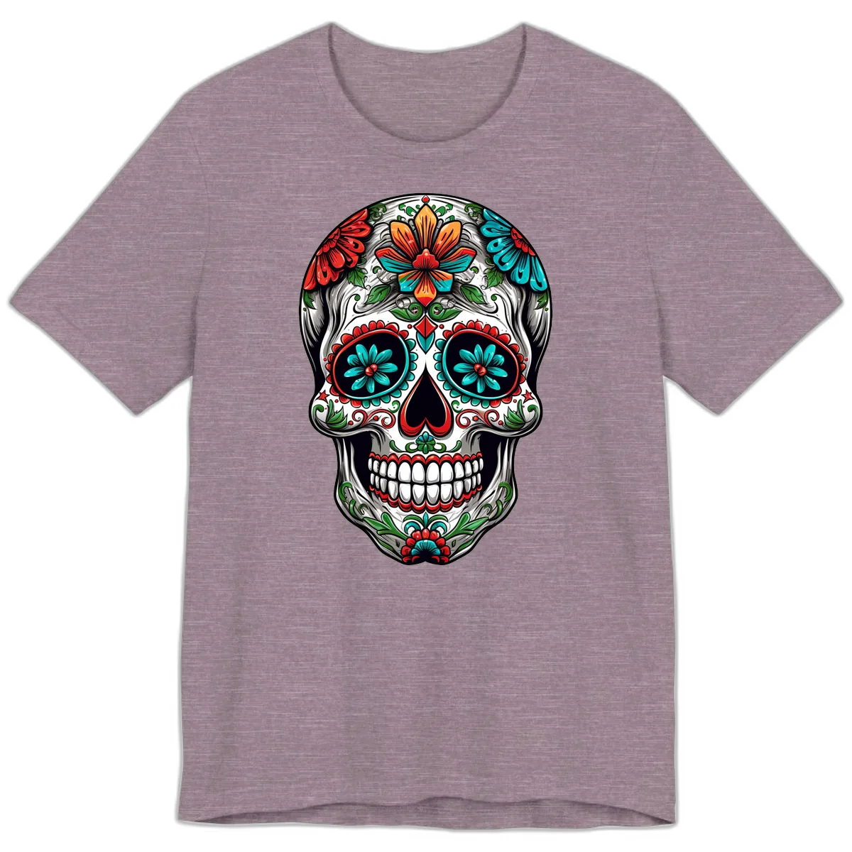 Vibrant Floral Calavera Day of the Dead Skull Premium T-Shirt in Heather Purple
