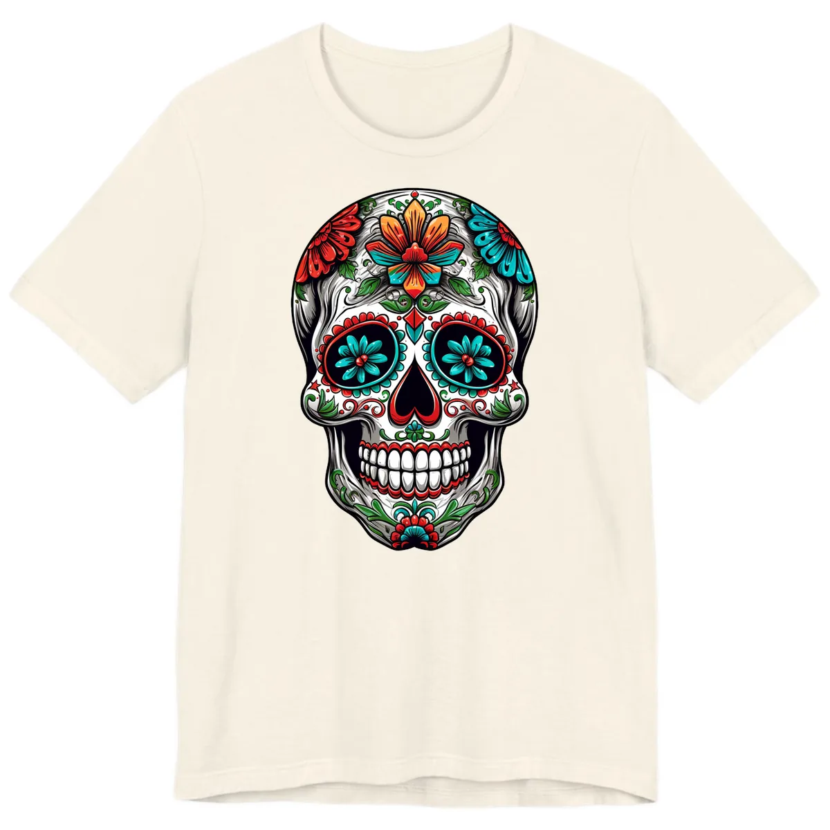 Vibrant Floral Calavera Day of the Dead Skull Premium T-Shirt in Natural