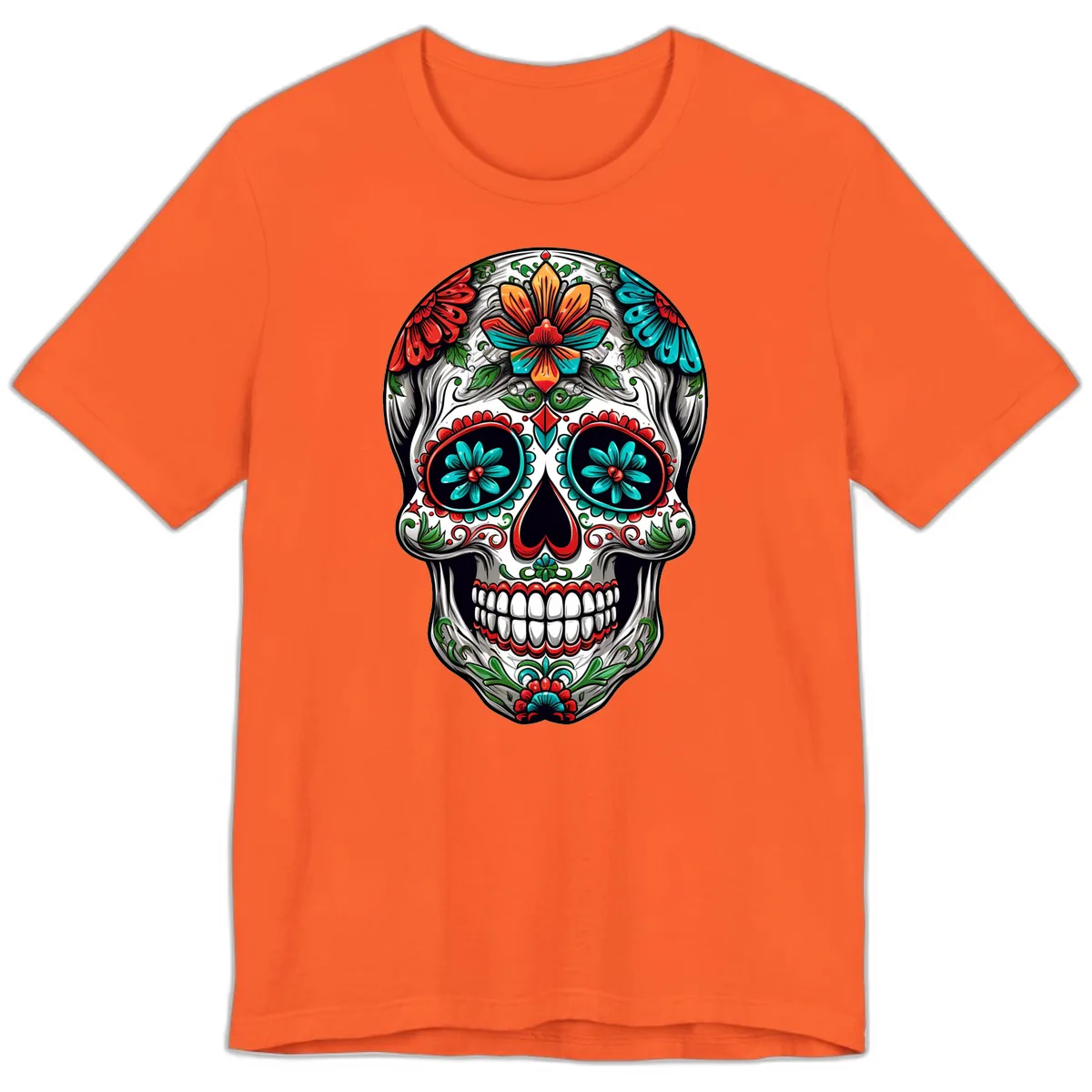 Vibrant Floral Calavera Day of the Dead Skull Premium T-Shirt in Orange