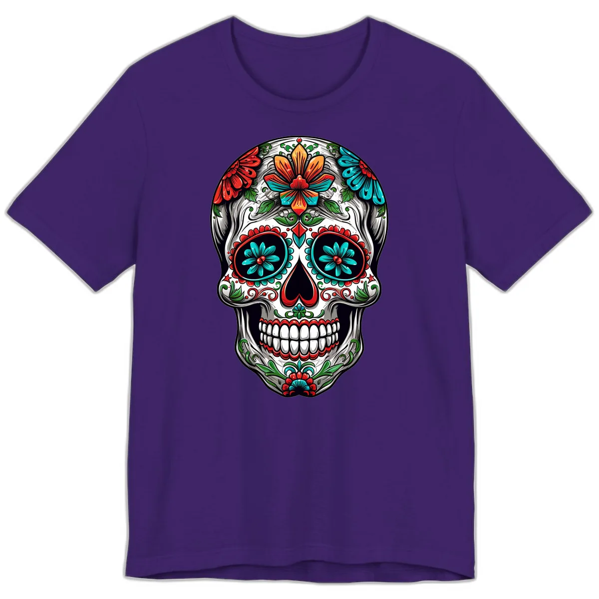 Vibrant Floral Calavera Day of the Dead Skull Premium T-Shirt in Team Purple