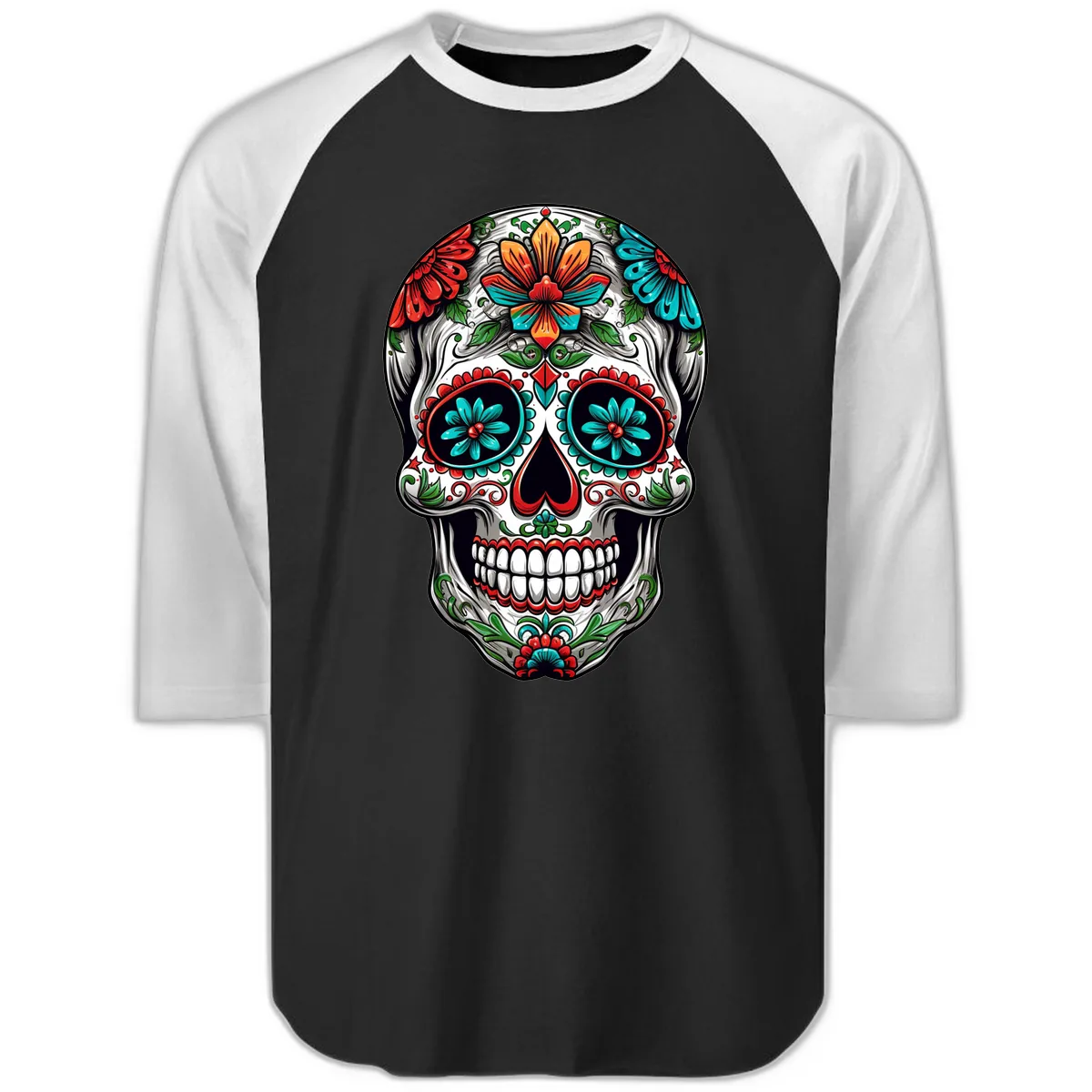Vibrant Floral Calavera Day of the Dead Skull Raglan 3/4 in Black White