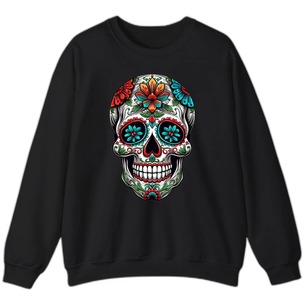 Vibrant Floral Calavera Day of the Dead Skull Sweatshirt in Black
