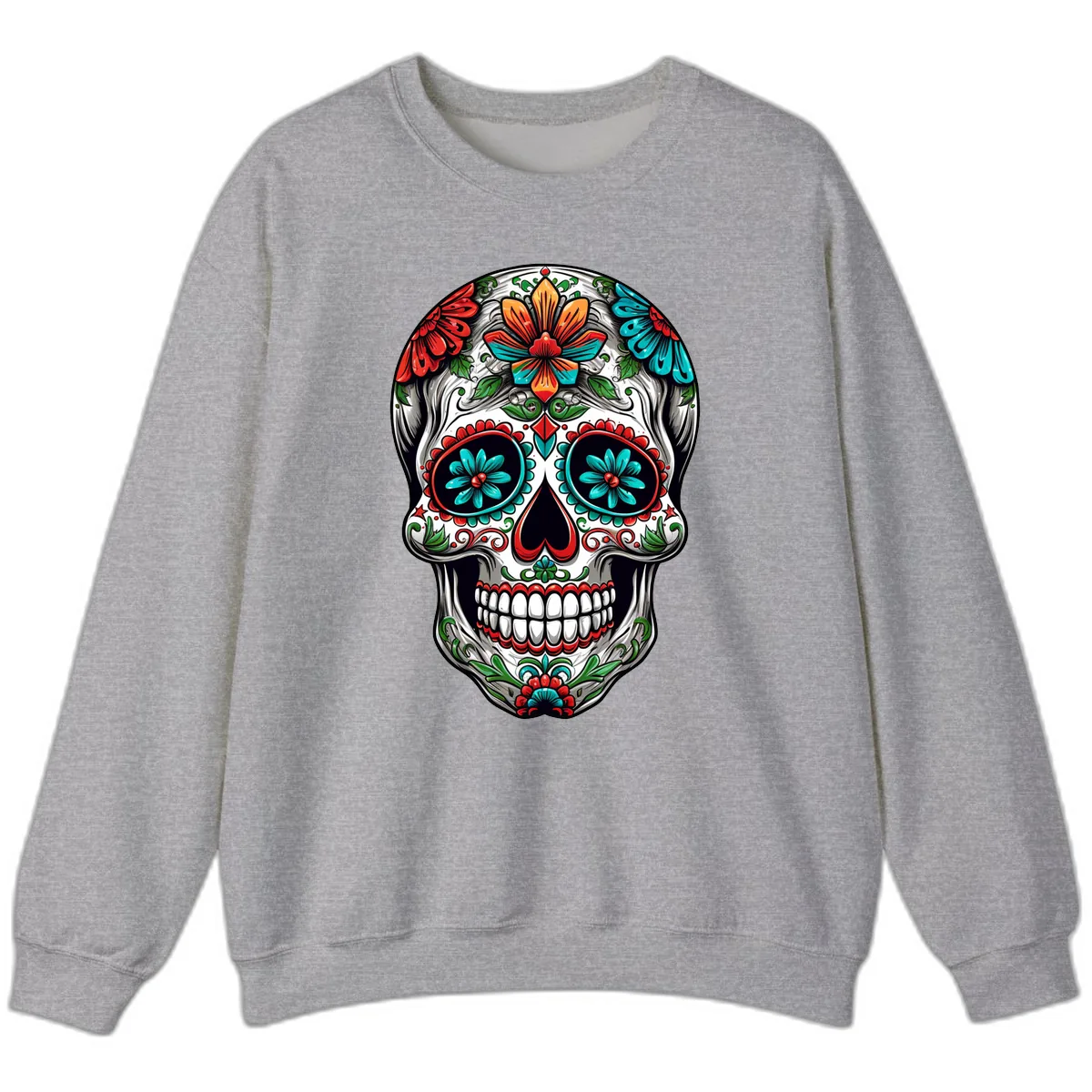 Vibrant Floral Calavera Day of the Dead Skull Sweatshirt in Sport Grey