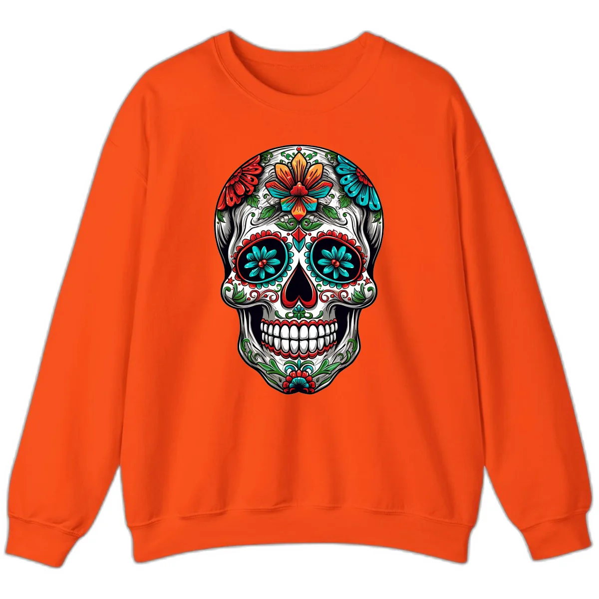 Vibrant Floral Calavera Day of the Dead Skull Sweatshirt in Orange