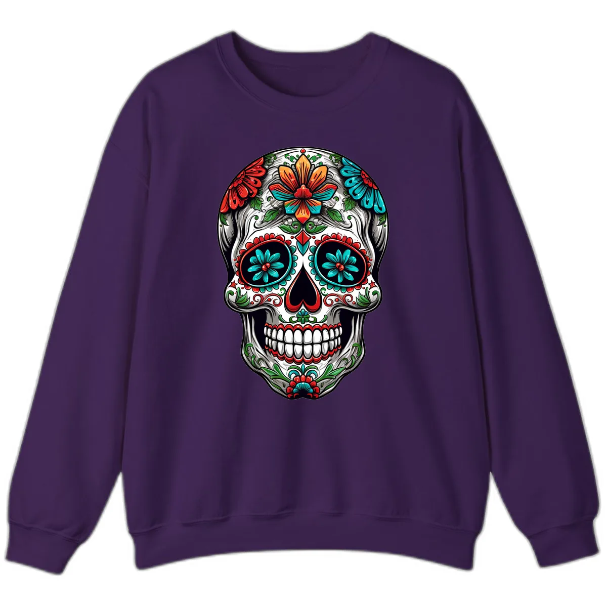 Vibrant Floral Calavera Day of the Dead Skull Sweatshirt in Purple