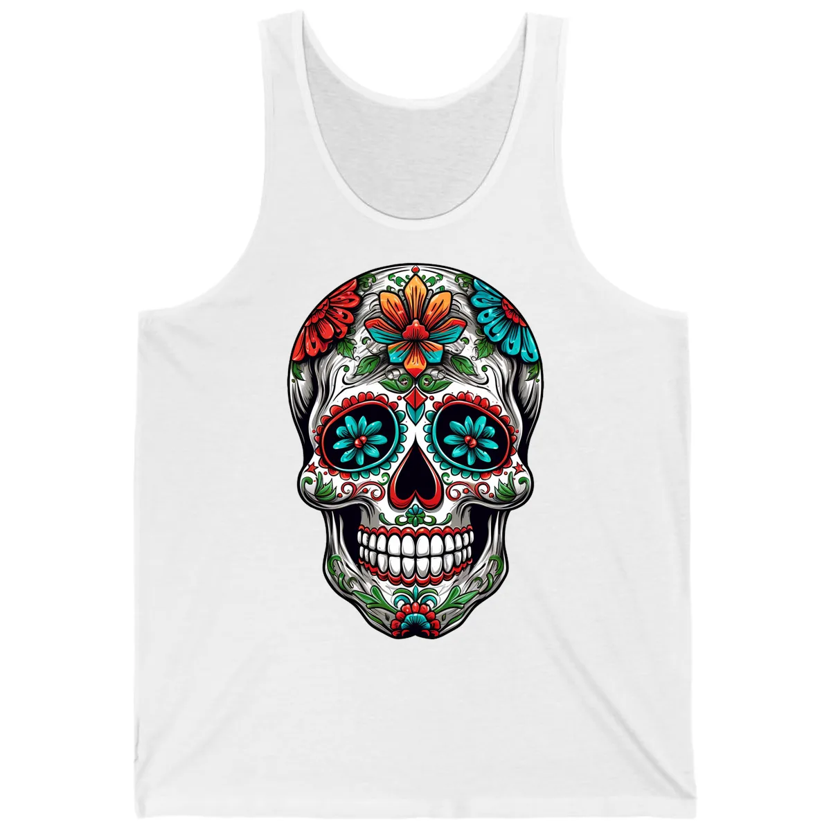 Vibrant Floral Calavera Day of the Dead Skull Tank in White