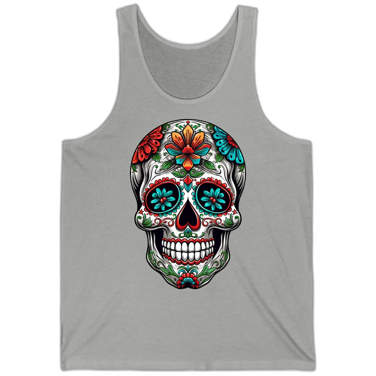 Vibrant Floral Calavera Day of the Dead Skull Tank in Athletic Heather