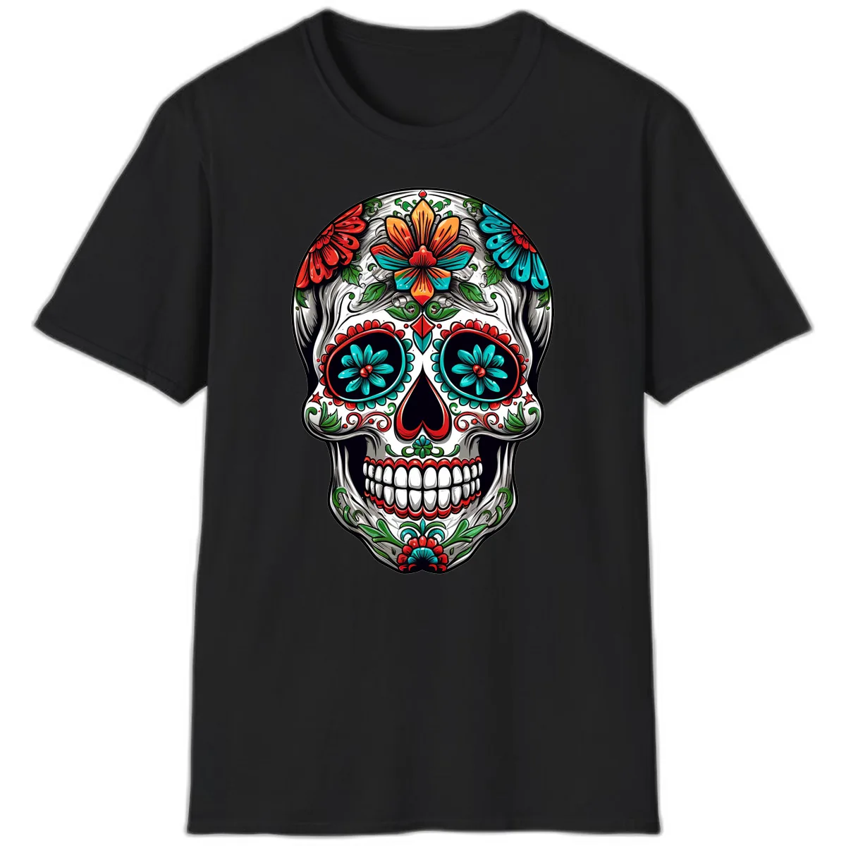 Vibrant Floral Calavera Day of the Dead Skull T-Shirt in Black