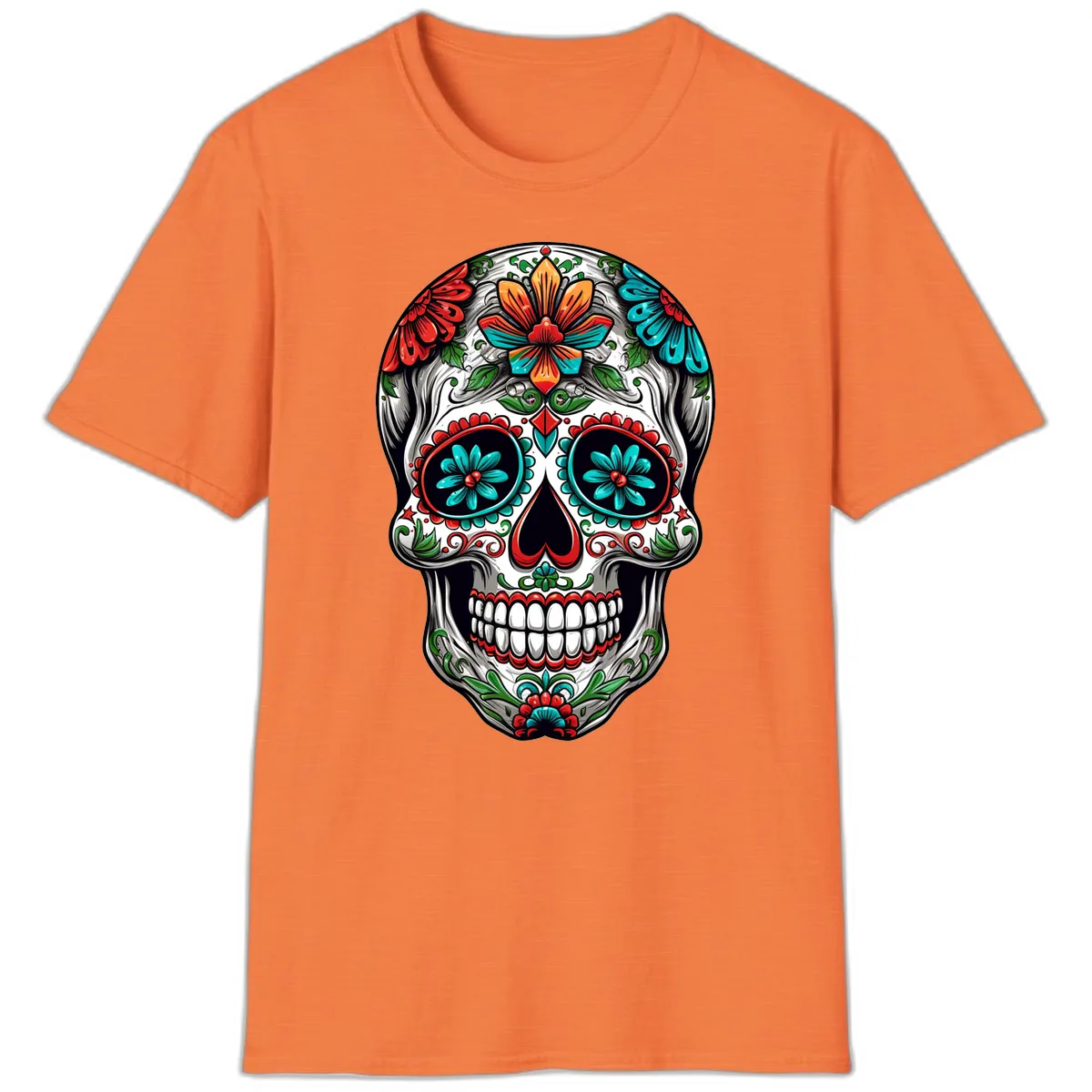 Vibrant Floral Calavera Day of the Dead Skull T-Shirt in Heather Orange