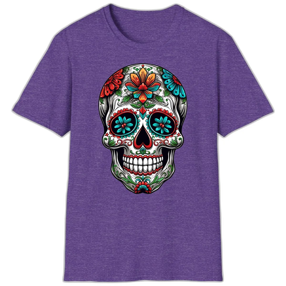 Vibrant Floral Calavera Day of the Dead Skull T-Shirt in Heather Purple