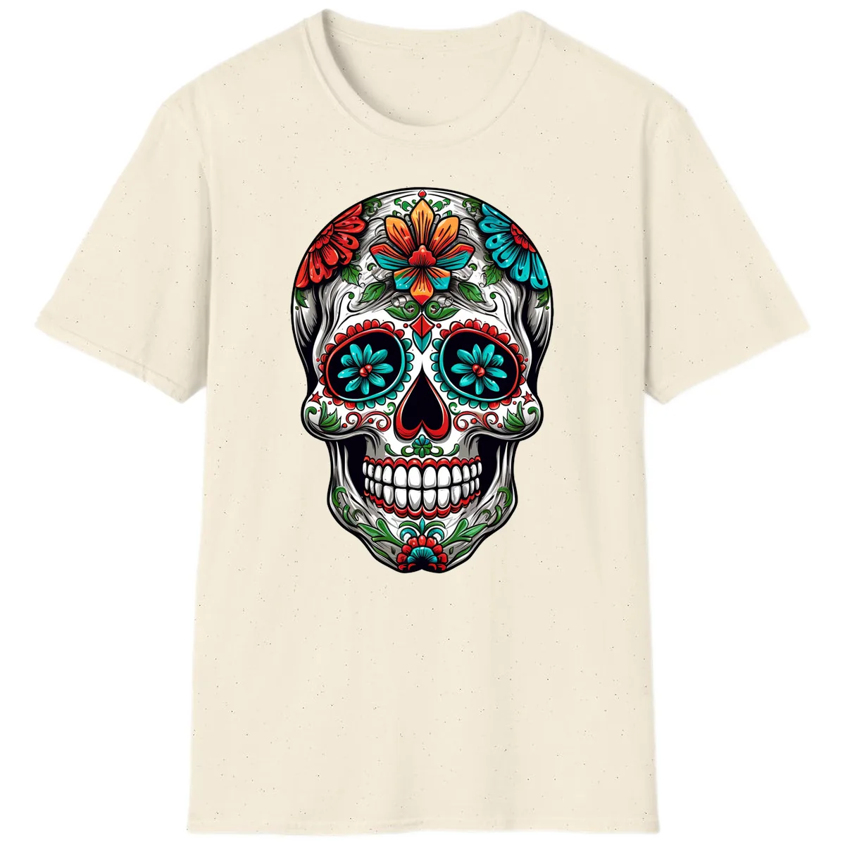Vibrant Floral Calavera Day of the Dead Skull T-Shirt in Natural