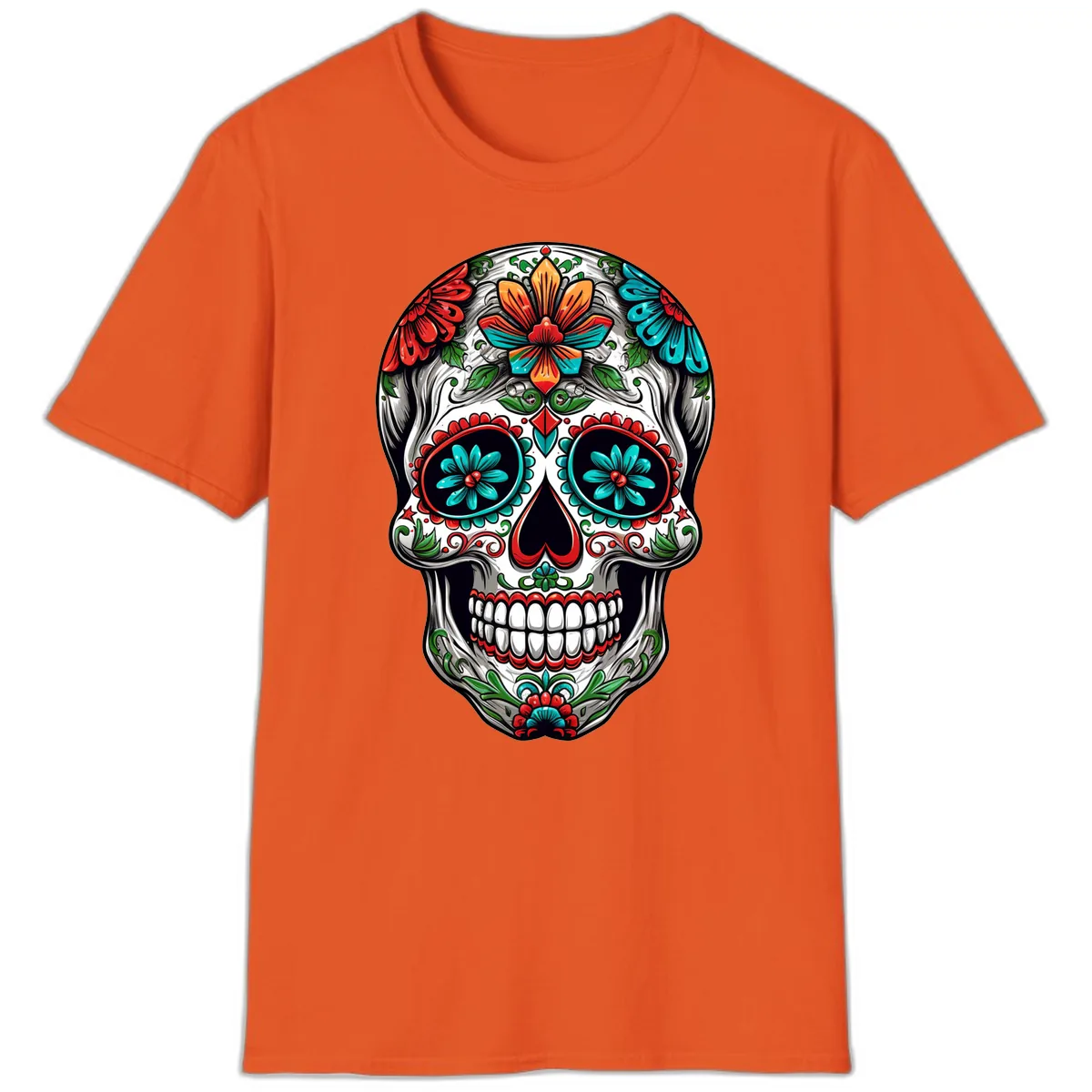 Vibrant Floral Calavera Day of the Dead Skull T-Shirt in Orange