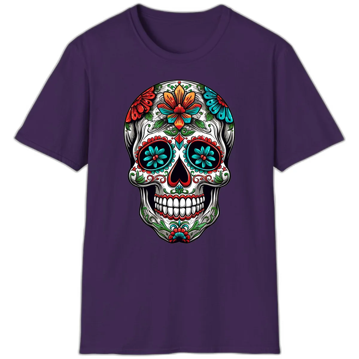 Vibrant Floral Calavera Day of the Dead Skull T-Shirt in Purple
