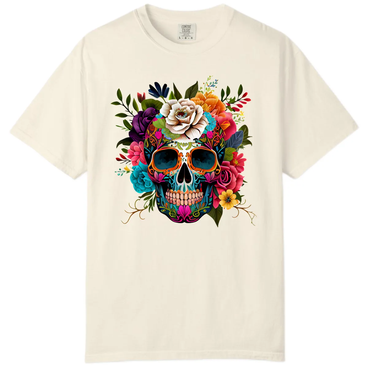 Vibrant Floral Calavera Skull Adorned with Blossoms Comfort Color in Ivory
