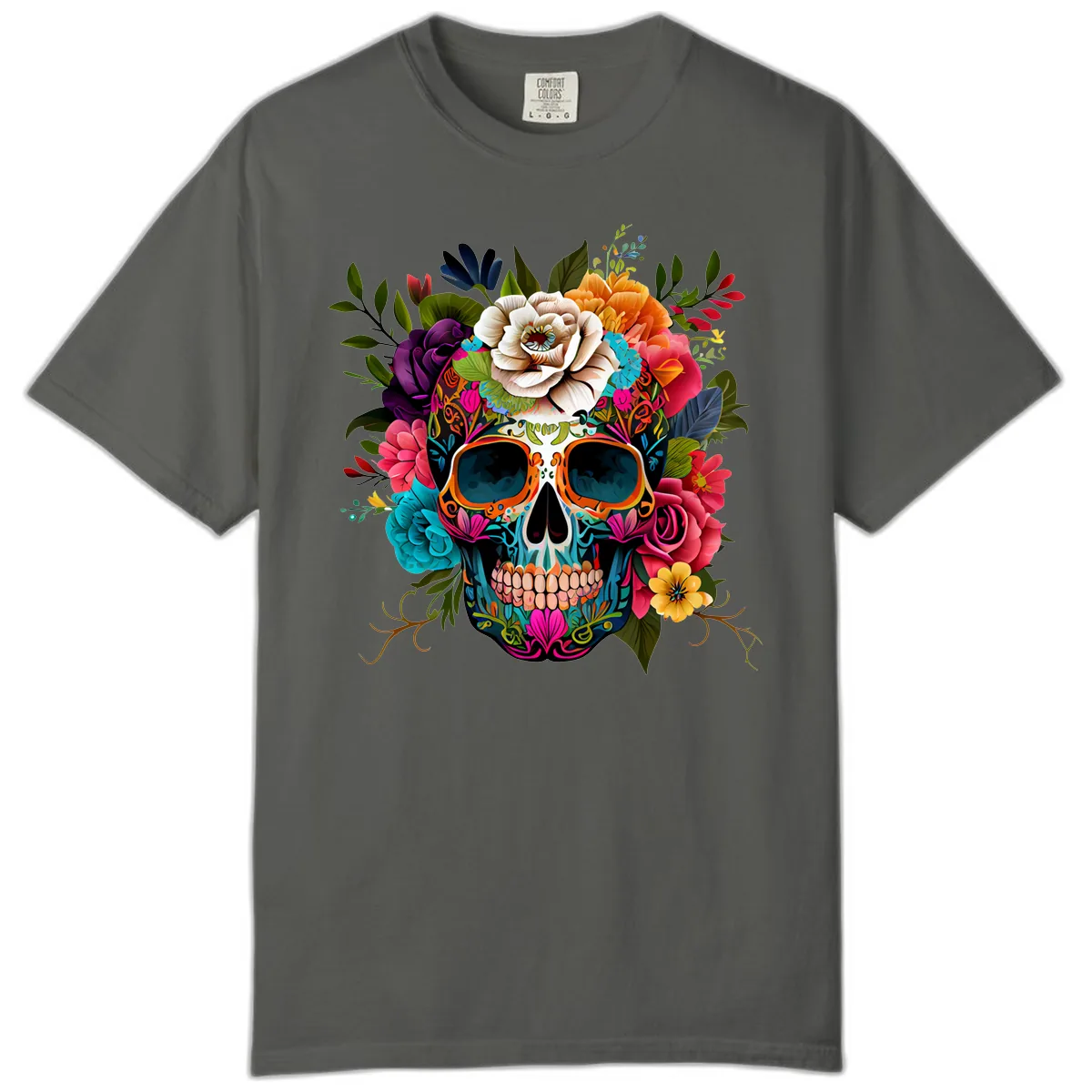 Vibrant Floral Calavera Skull Adorned with Blossoms Comfort Color in Pepper
