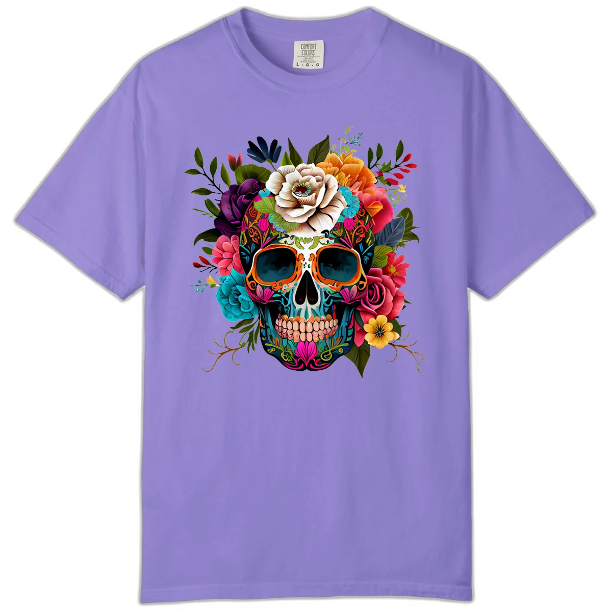 Vibrant Floral Calavera Skull Adorned with Blossoms Comfort Color in Violet