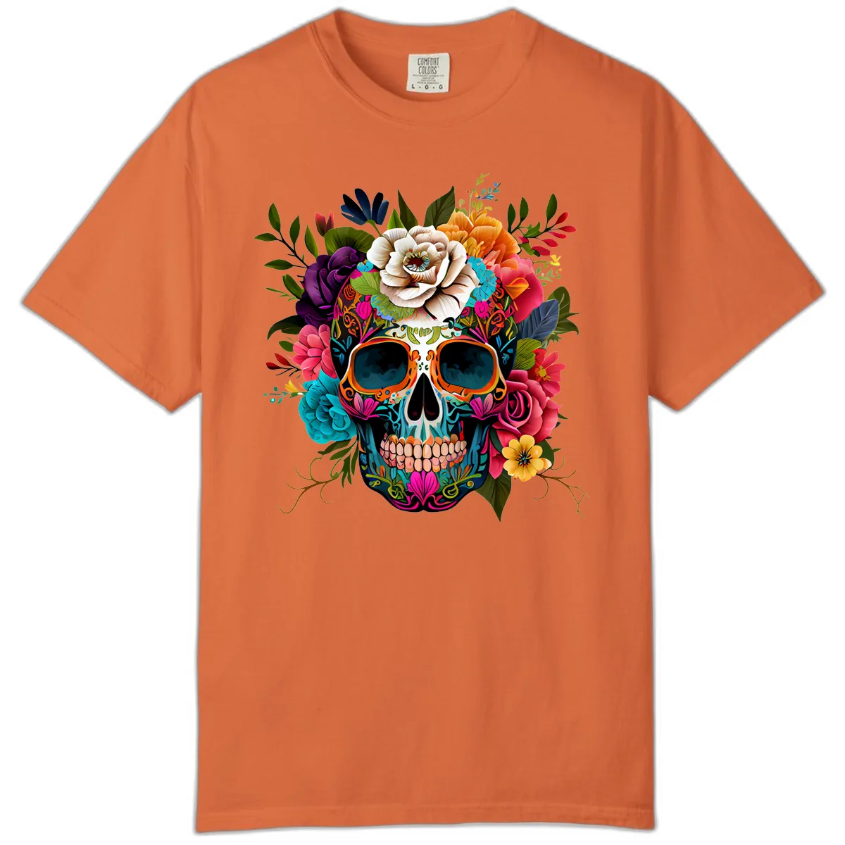 Vibrant Floral Calavera Skull Adorned with Blossoms Comfort Color in Burnt Orange