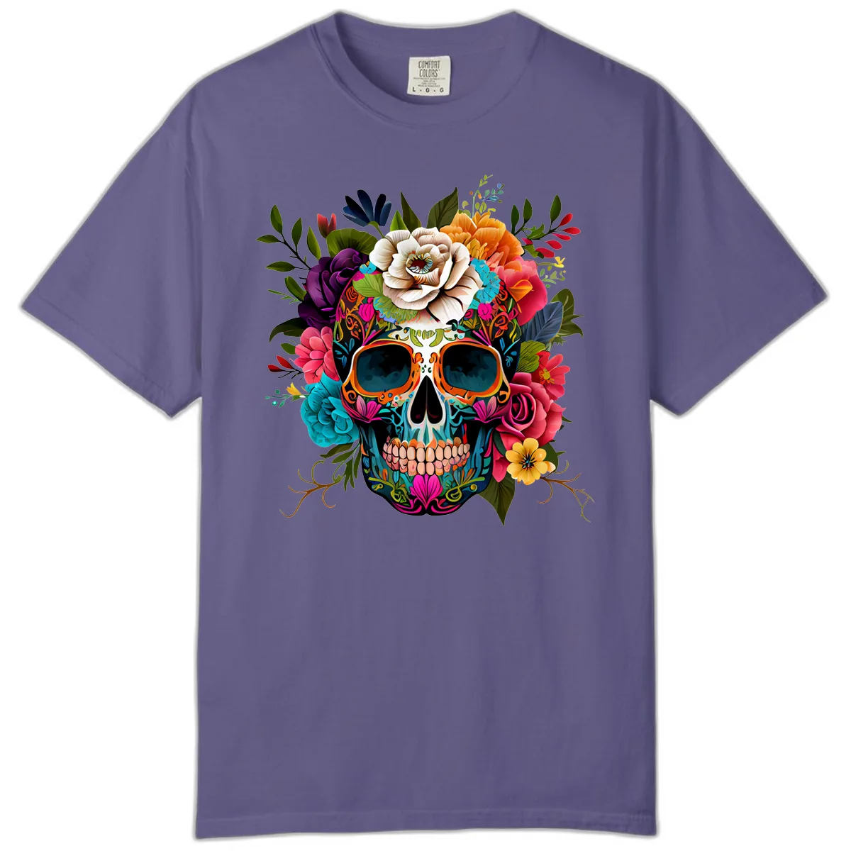 Vibrant Floral Calavera Skull Adorned with Blossoms Comfort Color in Grape