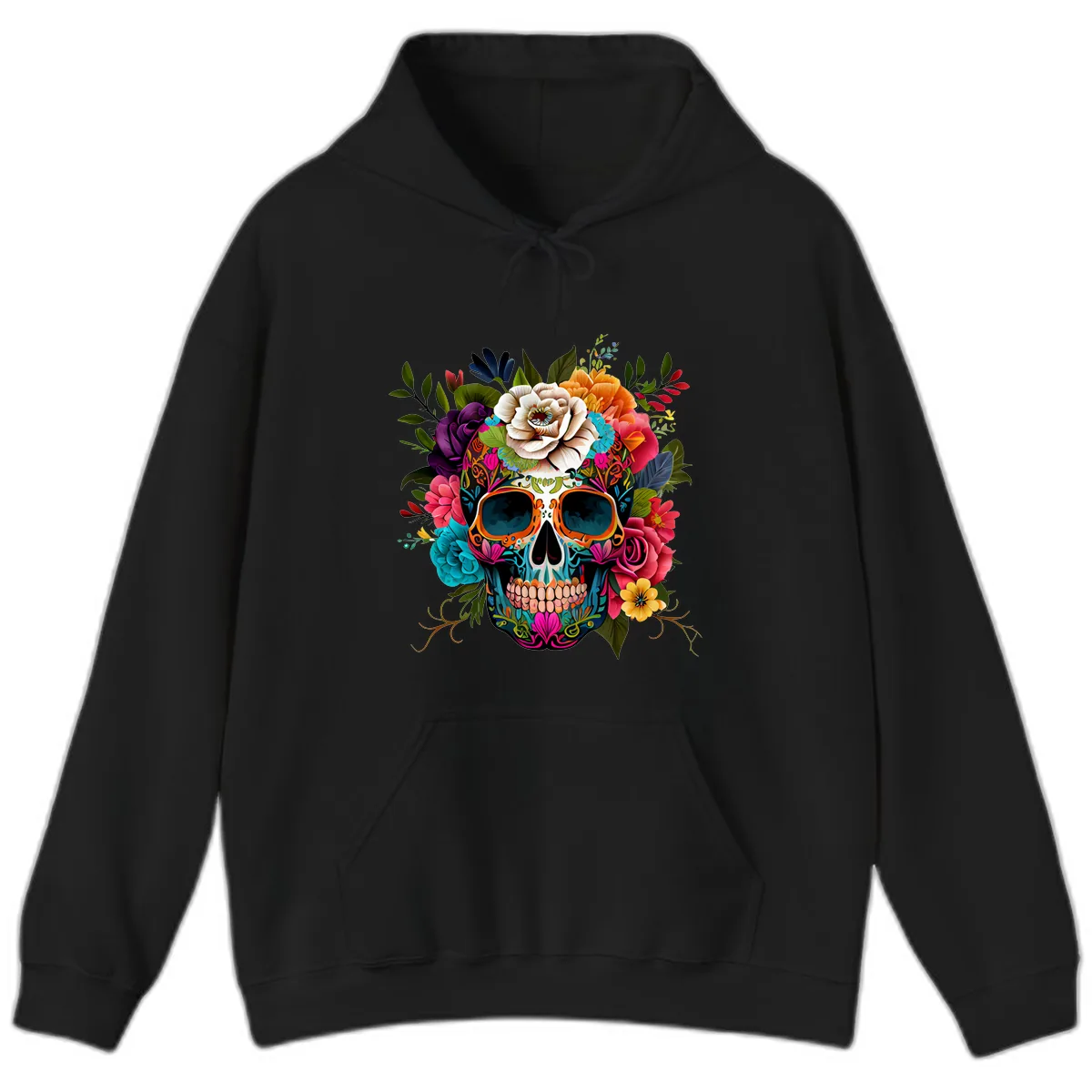 Vibrant Floral Calavera Skull Adorned with Blossoms Hoodie in Black