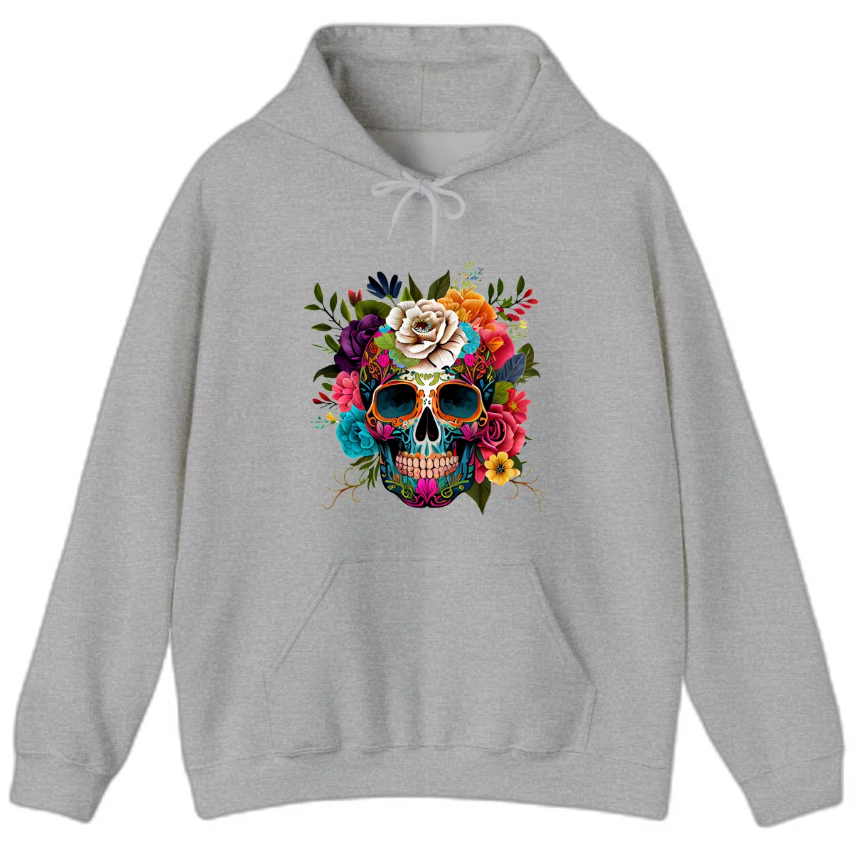 Vibrant Floral Calavera Skull Adorned with Blossoms Hoodie in Sport Grey
