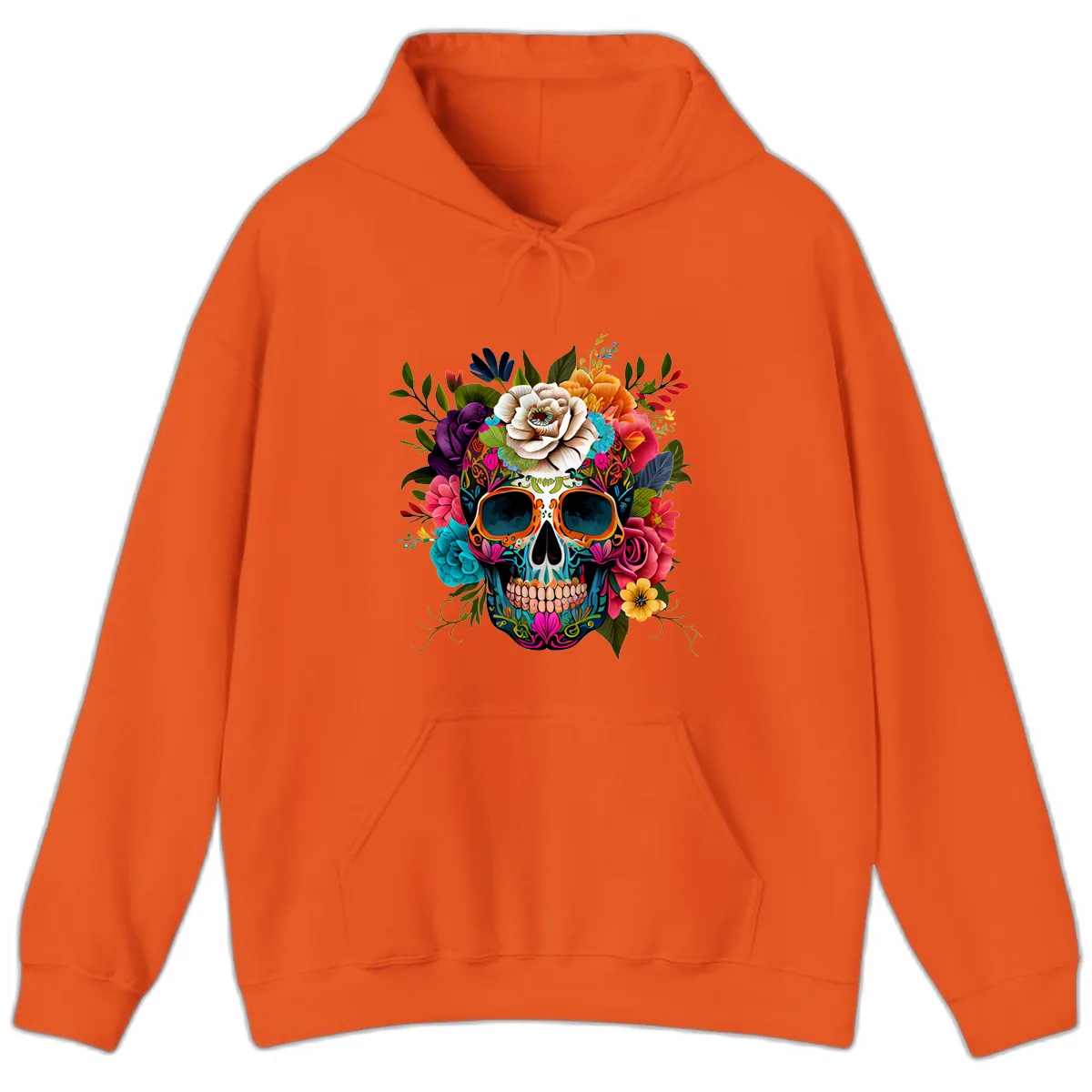 Vibrant Floral Calavera Skull Adorned with Blossoms Hoodie in Orange
