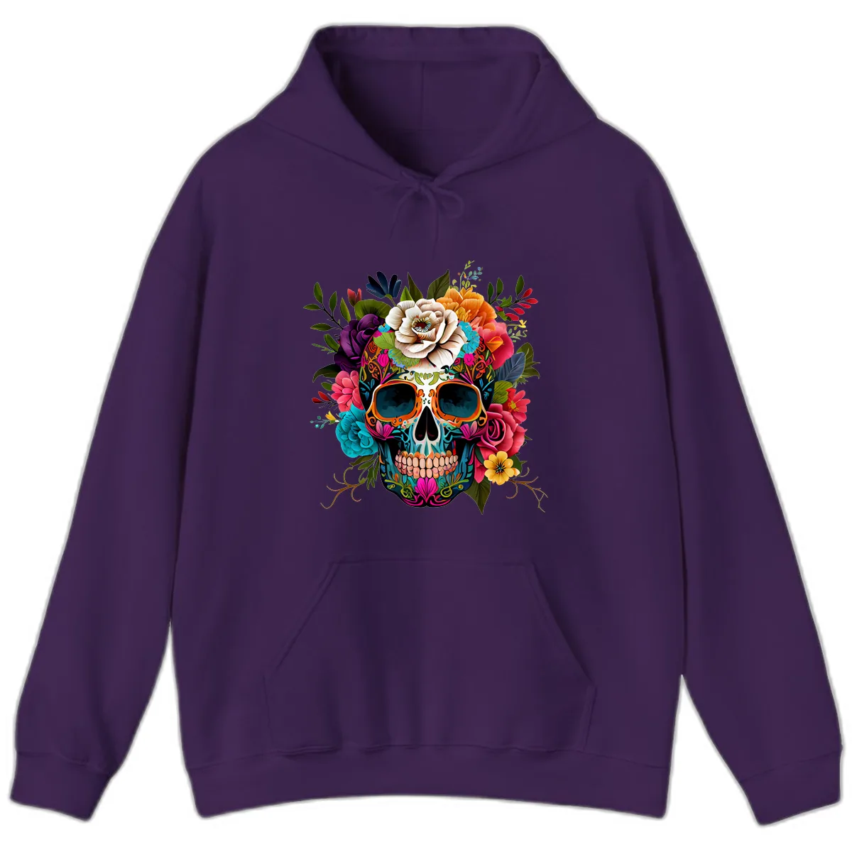 Vibrant Floral Calavera Skull Adorned with Blossoms Hoodie in Purple