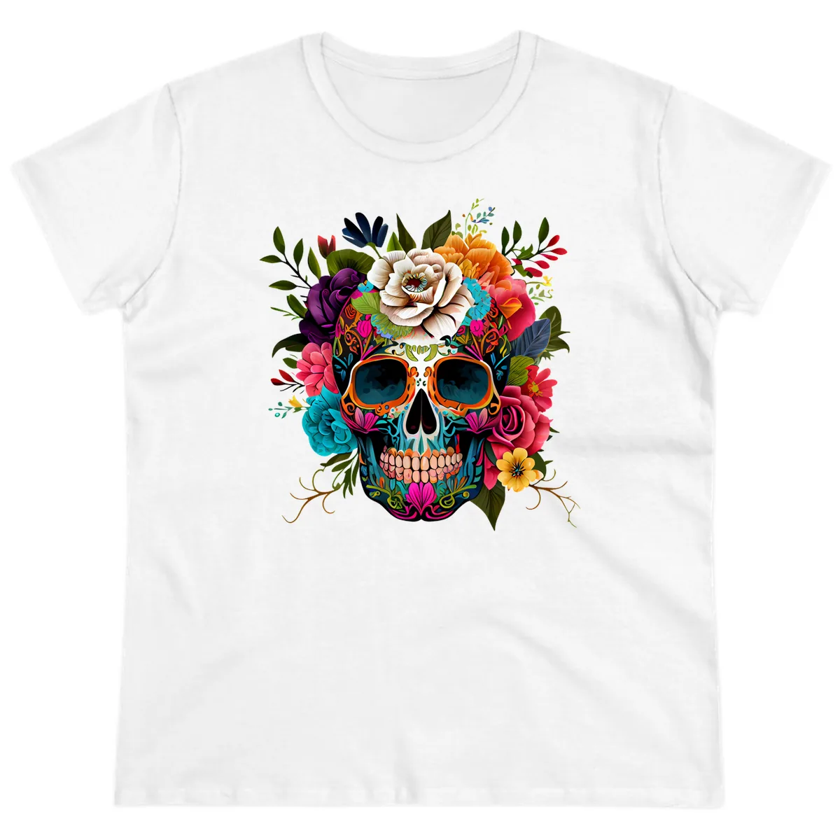 Vibrant Floral Calavera Skull Adorned with Blossoms Ladies Tee in White