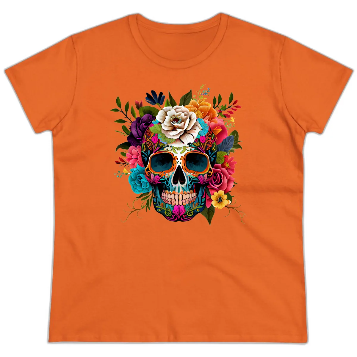 Vibrant Floral Calavera Skull Adorned with Blossoms Ladies Tee in Orange