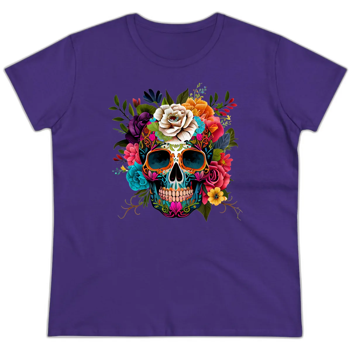 Vibrant Floral Calavera Skull Adorned with Blossoms Ladies Tee in Purple