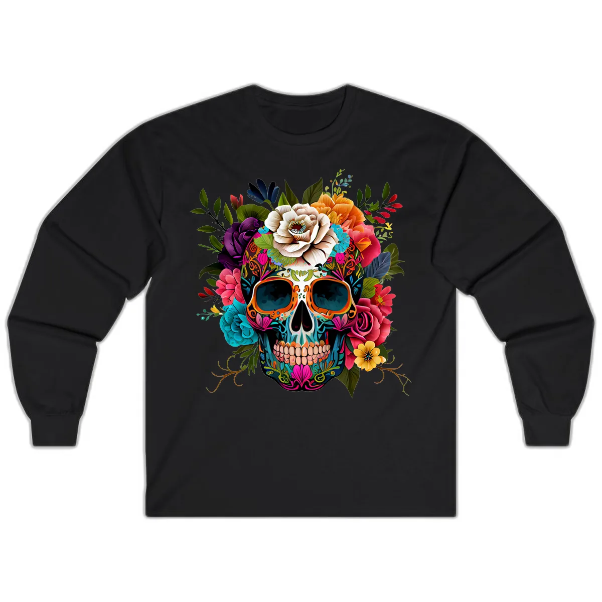 Vibrant Floral Calavera Skull Adorned with Blossoms Long Sleeve in Black