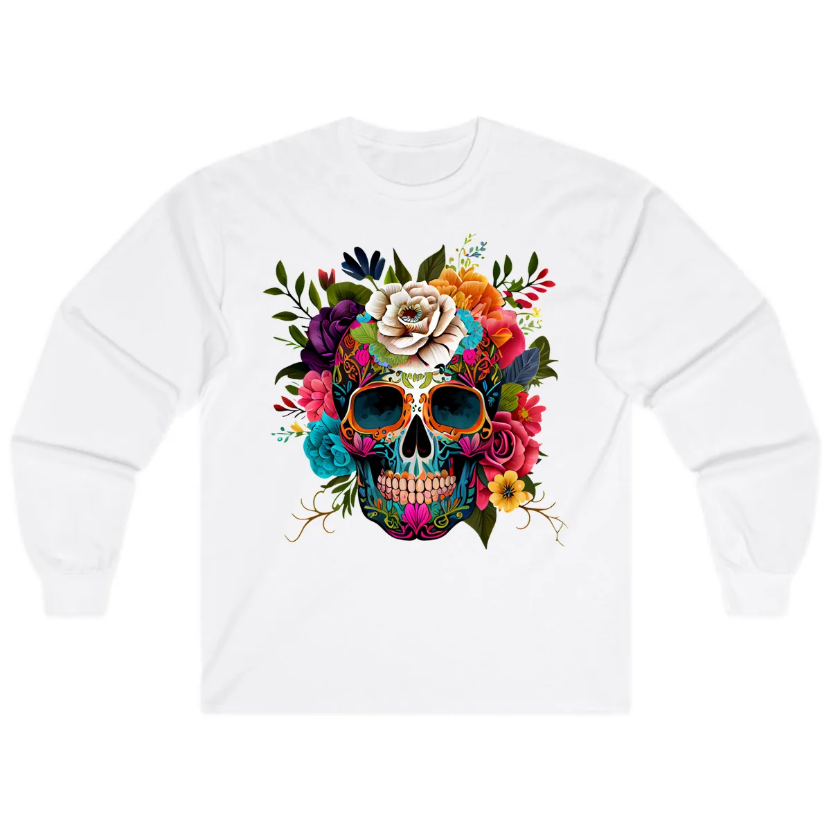 Vibrant Floral Calavera Skull Adorned with Blossoms Long Sleeve in White