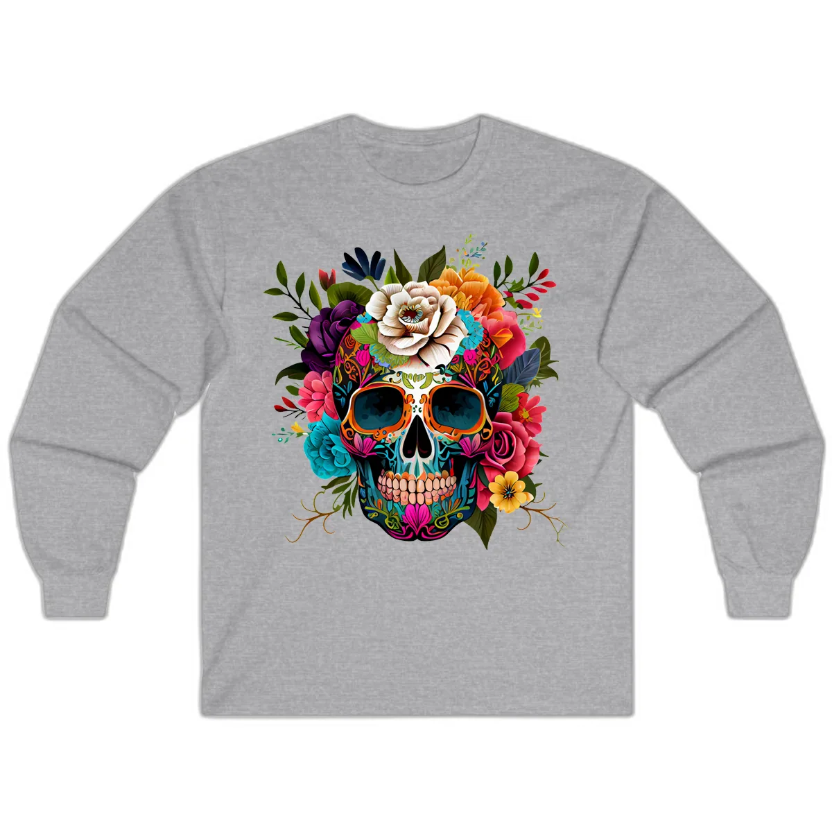 Vibrant Floral Calavera Skull Adorned with Blossoms Long Sleeve in Sport Grey