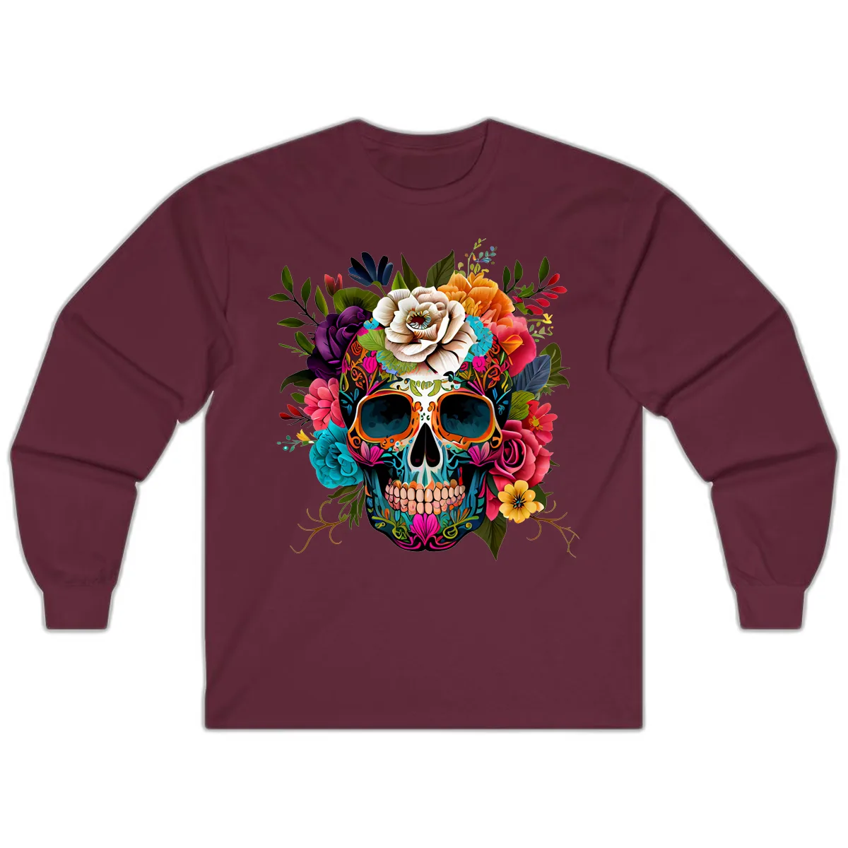 Vibrant Floral Calavera Skull Adorned with Blossoms Long Sleeve in Maroon